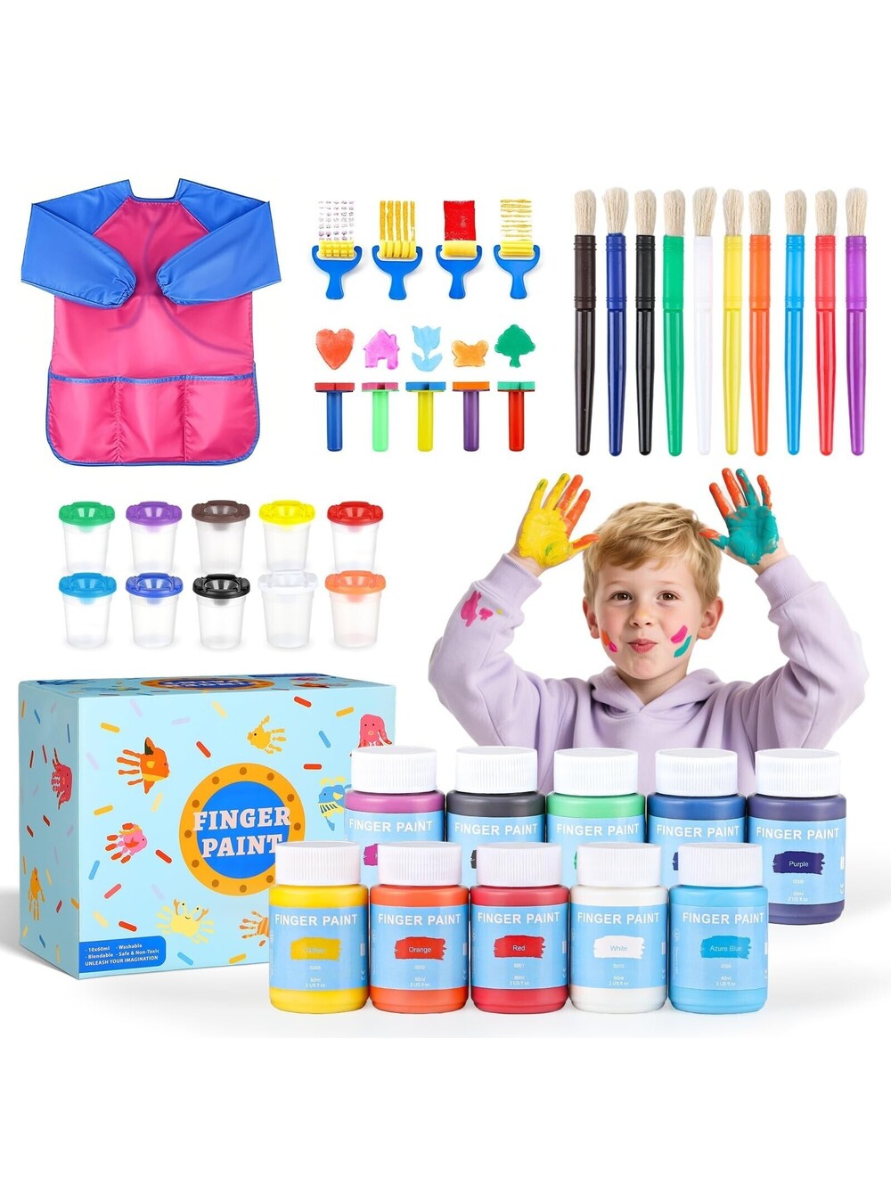 Washable Paint for Kids, 10 Colors 2 fl oz 40 Pcs Non-Toxic Finger Paint Kit ...